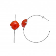 Carnelian 12x12mm Cushion 925 Silver hoop Prong Earrings